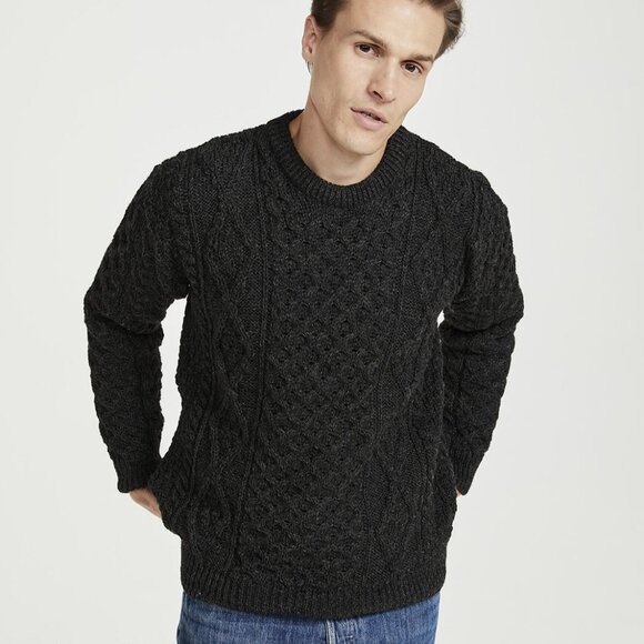 New Aran Made in Ireland Wool Crew Sweater Large M L XL 2XL Charcoal Gray